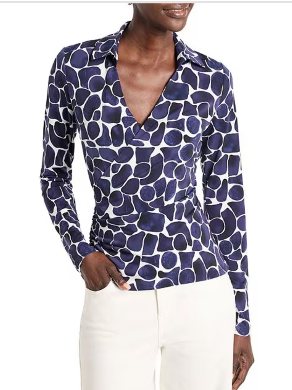 Nic + Zoe Blue & White Geo Pebble Print Collared V-Neck Faux Wrap Top Sz Medium